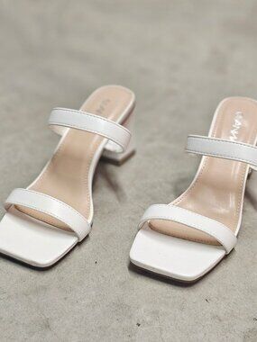 White Faux Leather Block Heel Sandals With Double Straps & Square Toe For Women